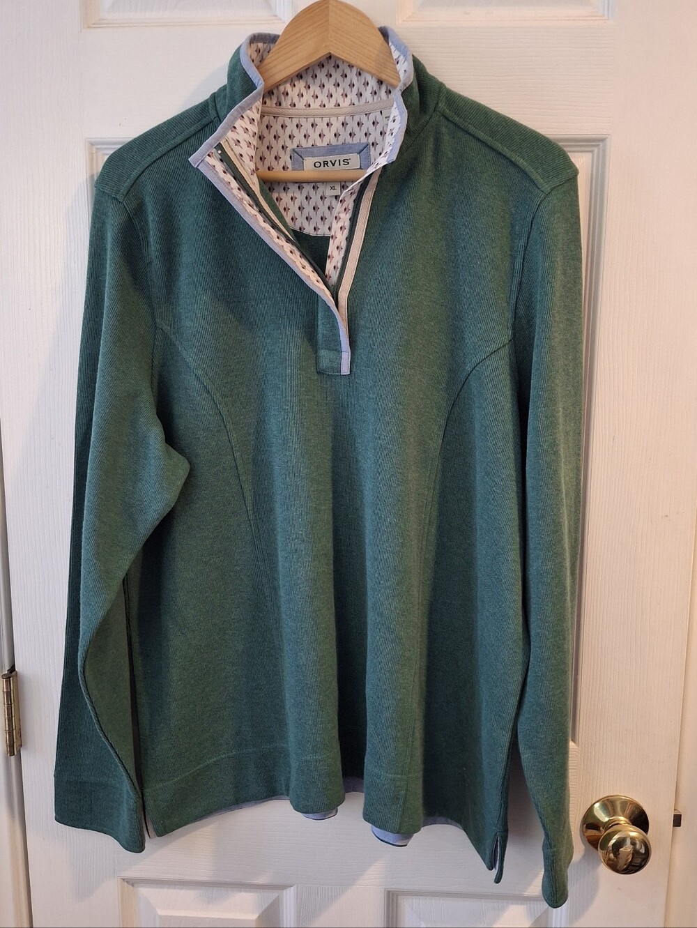 Orvis Quarter zip Sweater Green Contrast Cuff Print Cotton Pullover Womens XL